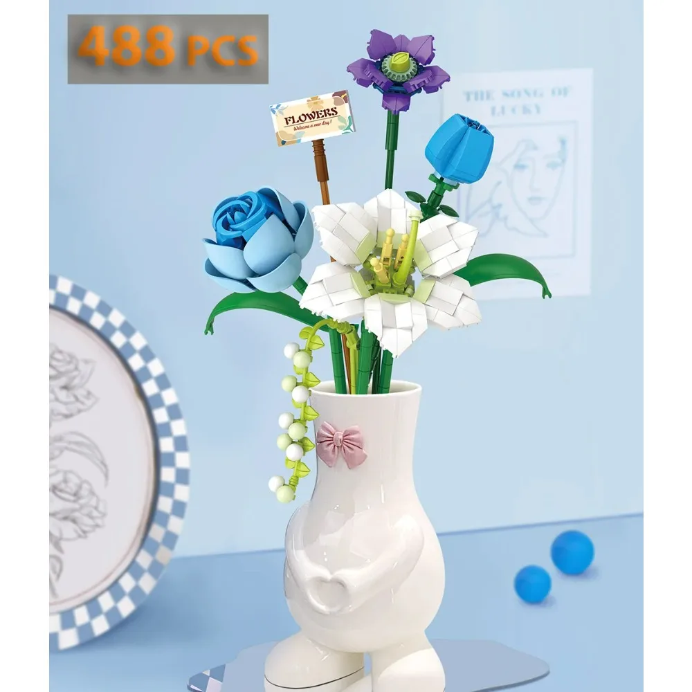 Flower Building Kit for Adults, 488 Pcs Flower Building Block Set, Artificial Flowers Mini Building Bricks for Gifts/Home Decor