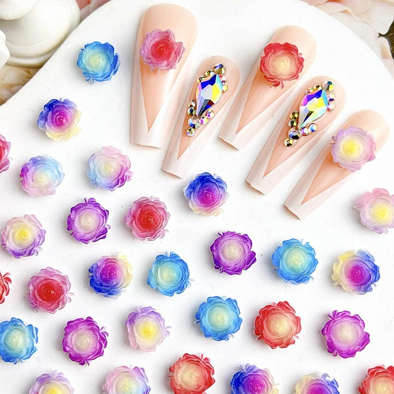 30PCS Gradient Coloring Luminous Acrylic Flower Nail Art Charms Accessories For Manicure Deco Nails Decoration Supplies Products