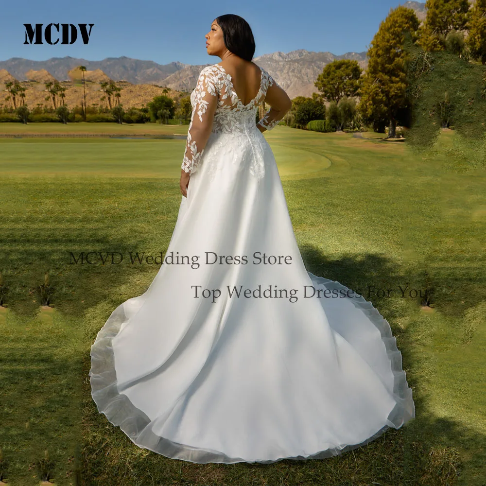 MCDV Plus Size Civil Wedding Dresses Long Sleeve Applique O-Neck Backless vestido de noiva Lace A-Line Bride Gowns Customized
