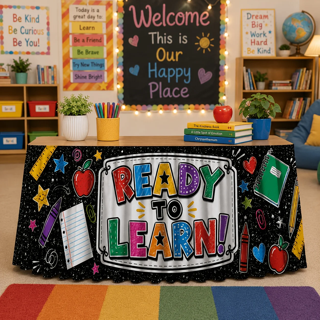 One-piece school-themed table skirt, suitable for classroom party decoration - colorful blackboard-style alphanumeric design