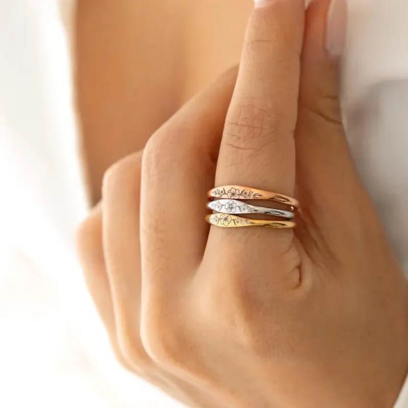 Custom Birth-Month Flower Engraved Ring, Stainless Steel Ring with Delicate Patterns, Minimalist Everyday Jewelry, Birthday Gift