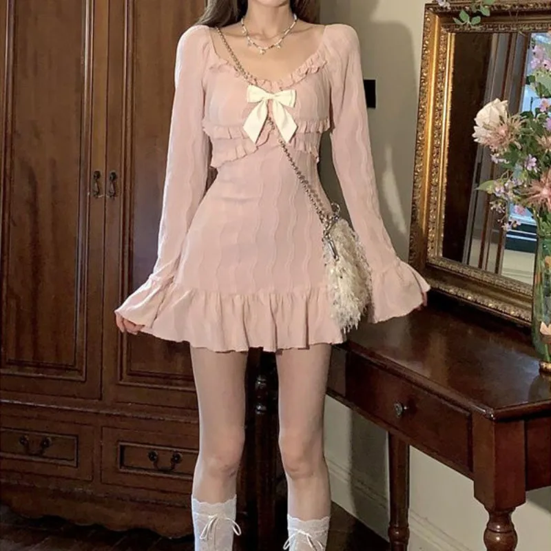 

NONSAR Новое розовое милое тонкое мини-платье Y2k женское французское элегантное платье с расклешенными рукавами вечерние повседневное цельное платье корейская мода