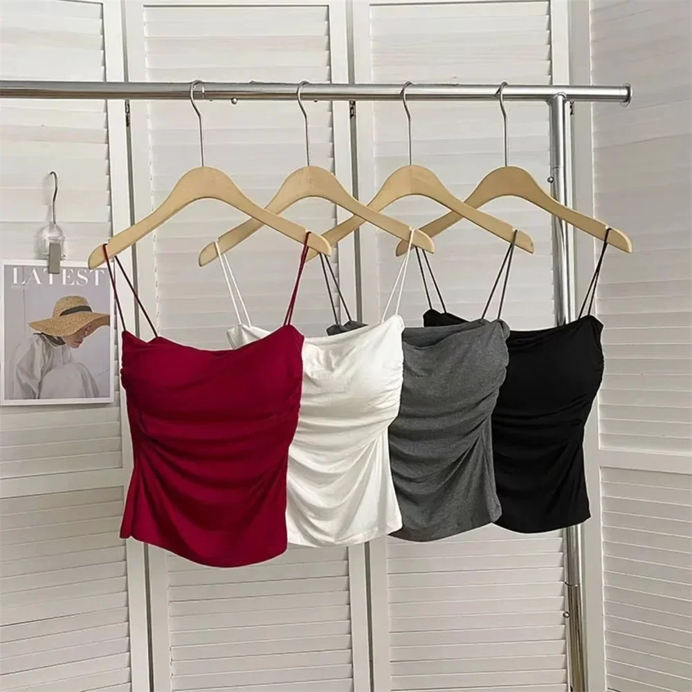2 ชิ้น Stylish เอวจีบรัดตัว - Soft Support FIXED Chest Pad เสื้อกั๊กแขนกุดเซ็กซี่สั้นพร้อมสายรัดบางสีทึบ