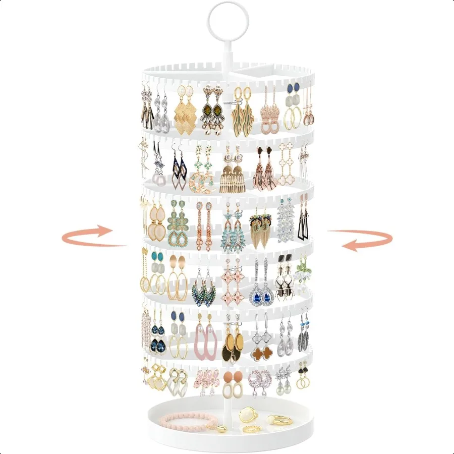 

6 Tier Rotating Earring Holder Organizer with Metal Tray Adjustable Plastic Dangle Display Stands Tree with 342 Grooves Large H