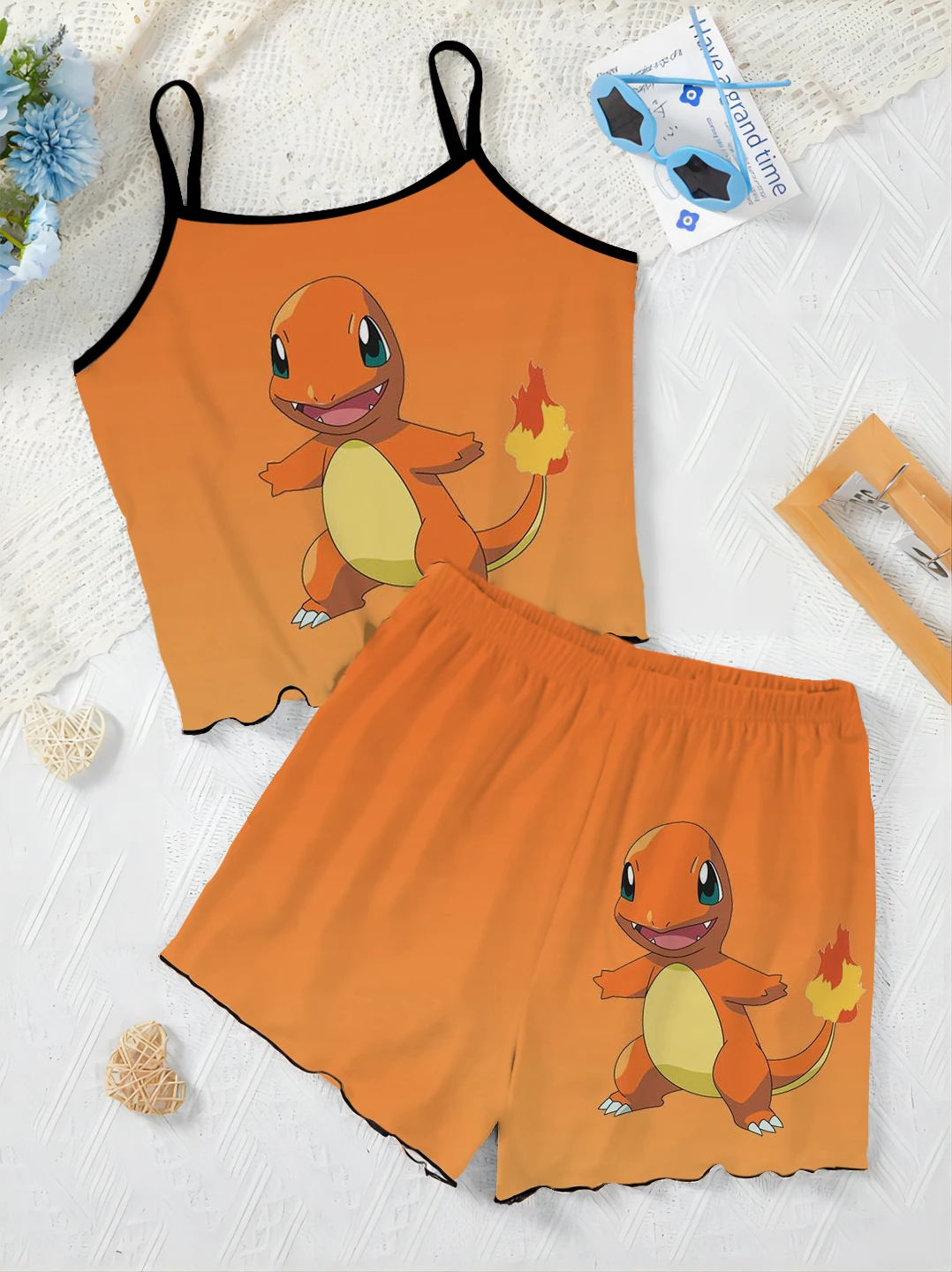 Charizard Short Sets for Women 2 Pieces Top Slip Dress Squirtle Women's Suit Pajama Skirt Lettuce Trim Pokémon Elegant Home Top