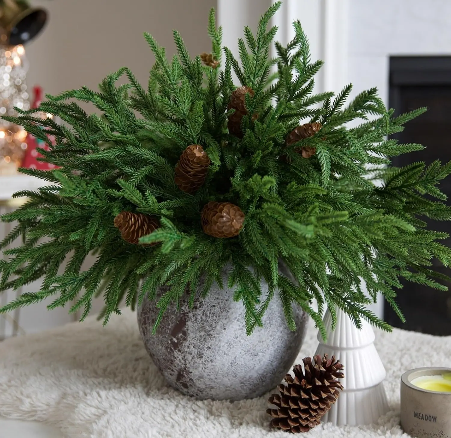

Lifelike Faux Pine Branches – 12 Real Touch Norfolk Pine Stems + 5 Big Pinecones for Natural-Looking Christmas