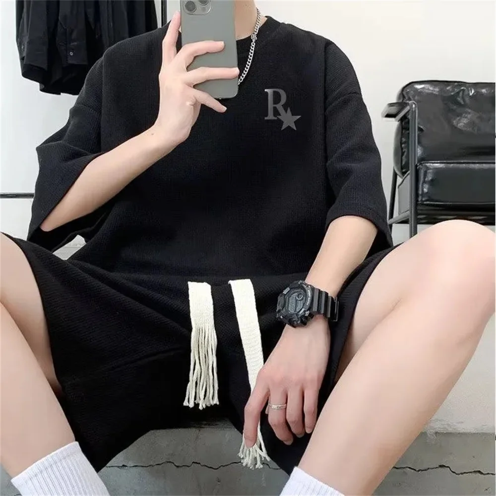 Oversized Japan Korean Fashion College Waffle Set Men Boys Summer Casual Loose Short Sleeve T-shirt Shorts Sports Two Piece Set