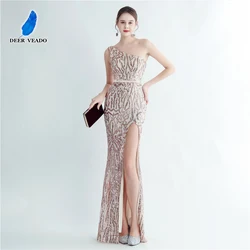 DEERVEADO Women's One Shoulder Gold Sequins Evening Dress Long Formal Party Maxi Dress Simple Slit Special Occasion Dresses