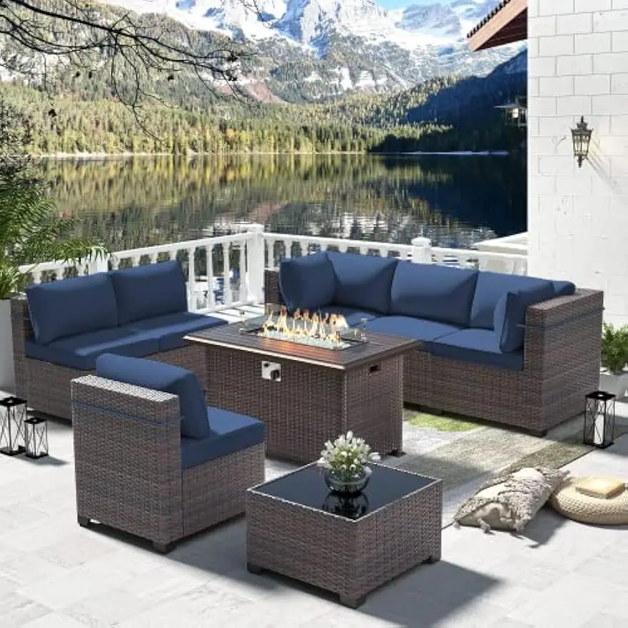 

8 Piece Outdoor Patio Furniture Set with Gas Fire Pit Table Sectional Sofa w/43in Propane Fire Pit, 55,000 BTU Auto-Ignition