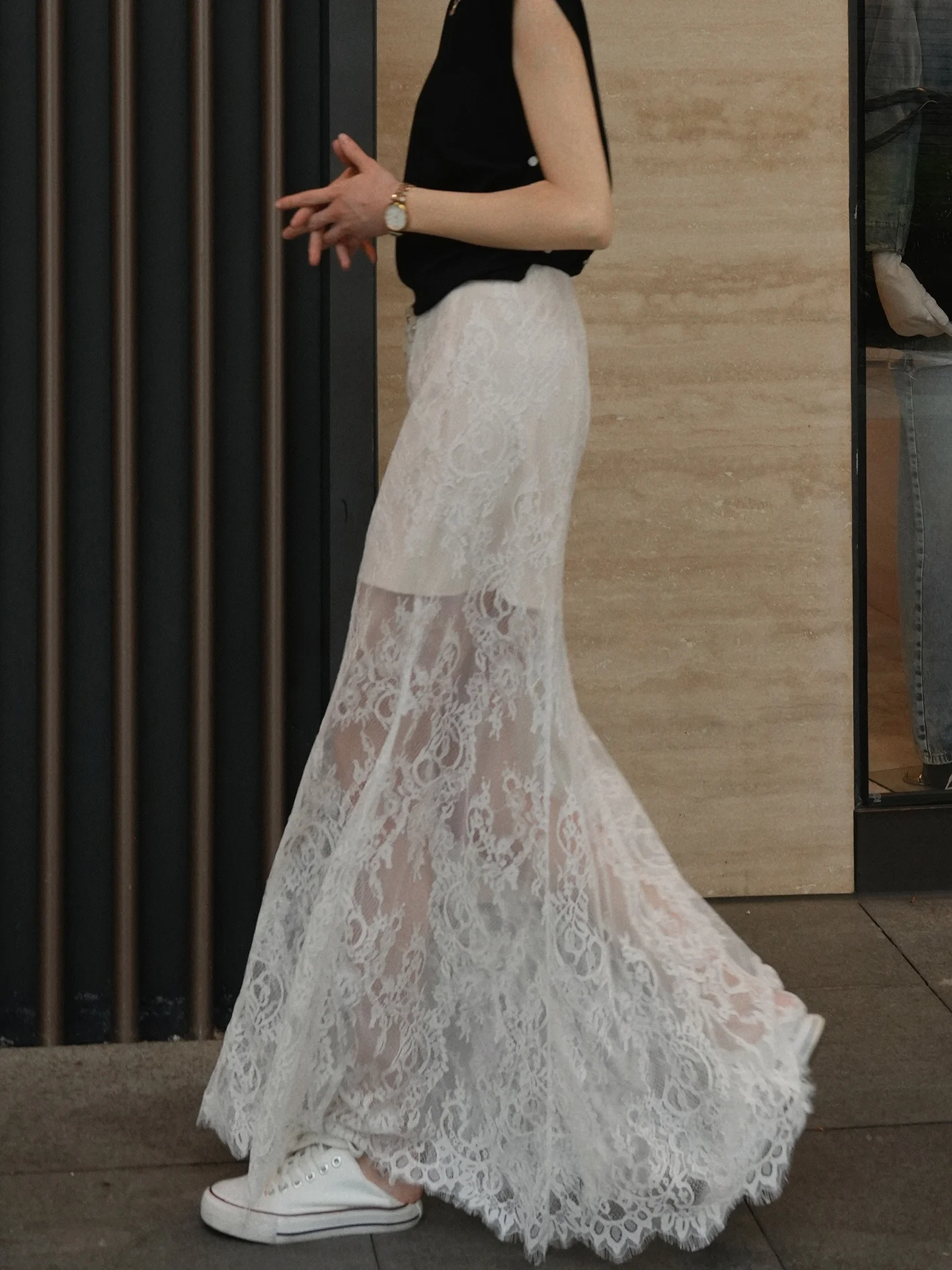 QCEO High Waist Lace Half Skirt Ultra Soft Eyelash Design Slimming Floor Length Summer Gown Korean Style Standard Fit