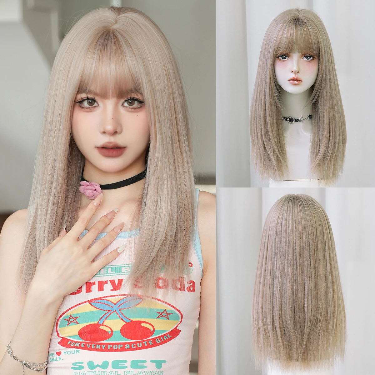 

7JHH WIGS Shoulder Length Straight Ash Blonde Wig for Women Synthetic Layered Modest Fashion Wear and Go Wigs with Neat Bangs