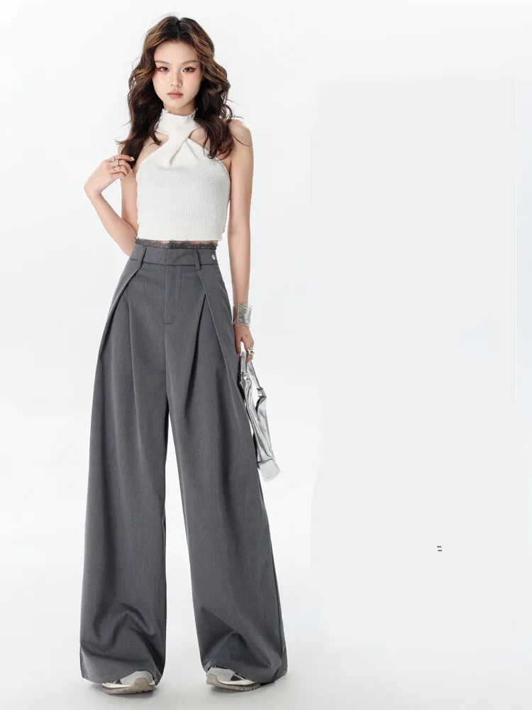 Office Lady Grey Lace Patchwork Pleated Suit Pants For Women's Spring And Summer New Style High Waist Loose Wide Leg Pants