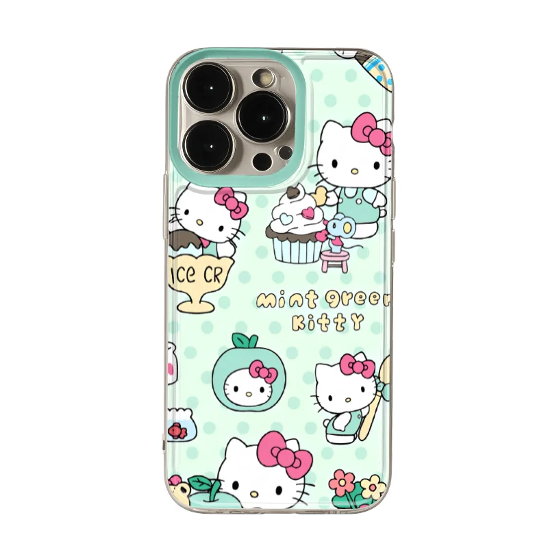 Green Wave Dot Cake HelloKitty Cute Phone Case For iPhone 16 15 14 13 12 11 ProMax XR 7 8 Plus Soft Anti Drop Silicone Cover Y2k