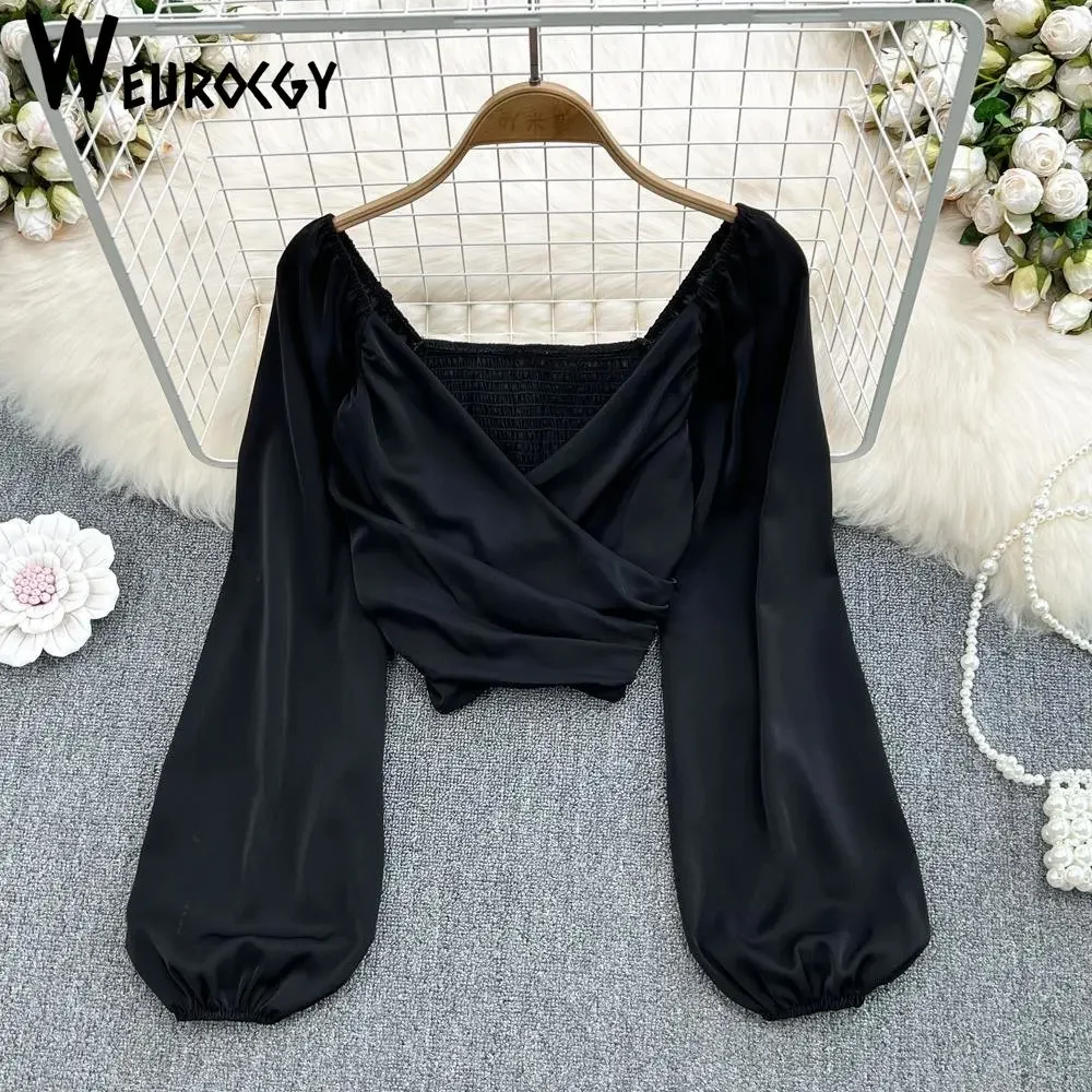 Primavera moda ocio estilo coreano cuello en V plisado clavícula burbuja manga larga Jersey camisa mujer corto ombligo Top