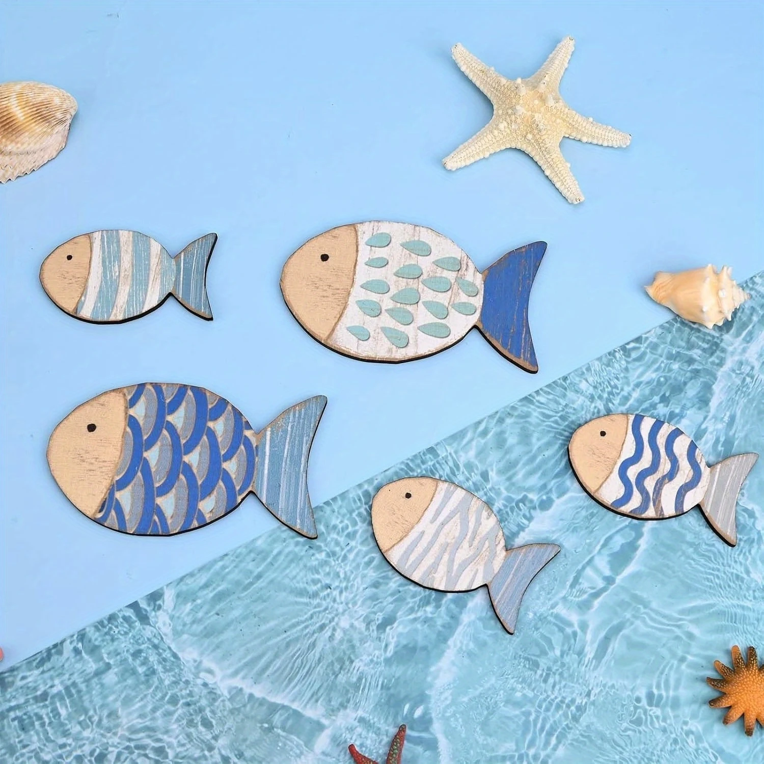 2D-Holzfisch, nautische Wände, Strandkunst, Wände, zum Aufhängen, dekoriert, Marine-Thema, Retro-blauer Fisch, Familie, Badezimmer, Anhänger, Geschenke