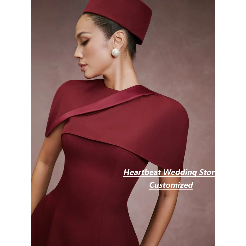 Customized Burgundy Crepe Midi A Line Gown Capelet Matching Hat Pleated Waist With Pockets Formal Mother Of Bride Evening Dress