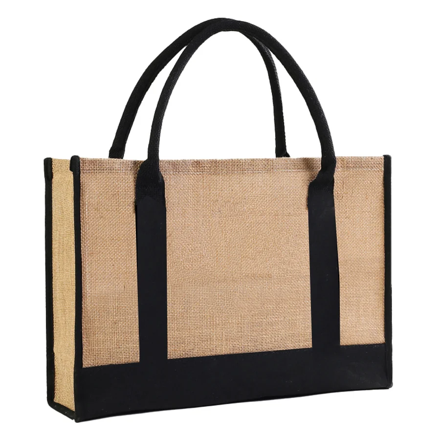 حقيبة تسوق بمقبض شريطي بسيط من الكتان، حقيبة تسوق هدايا ذات سعة كبيرة مع حروف مطبوعة، حقيبة التنقل اليومية