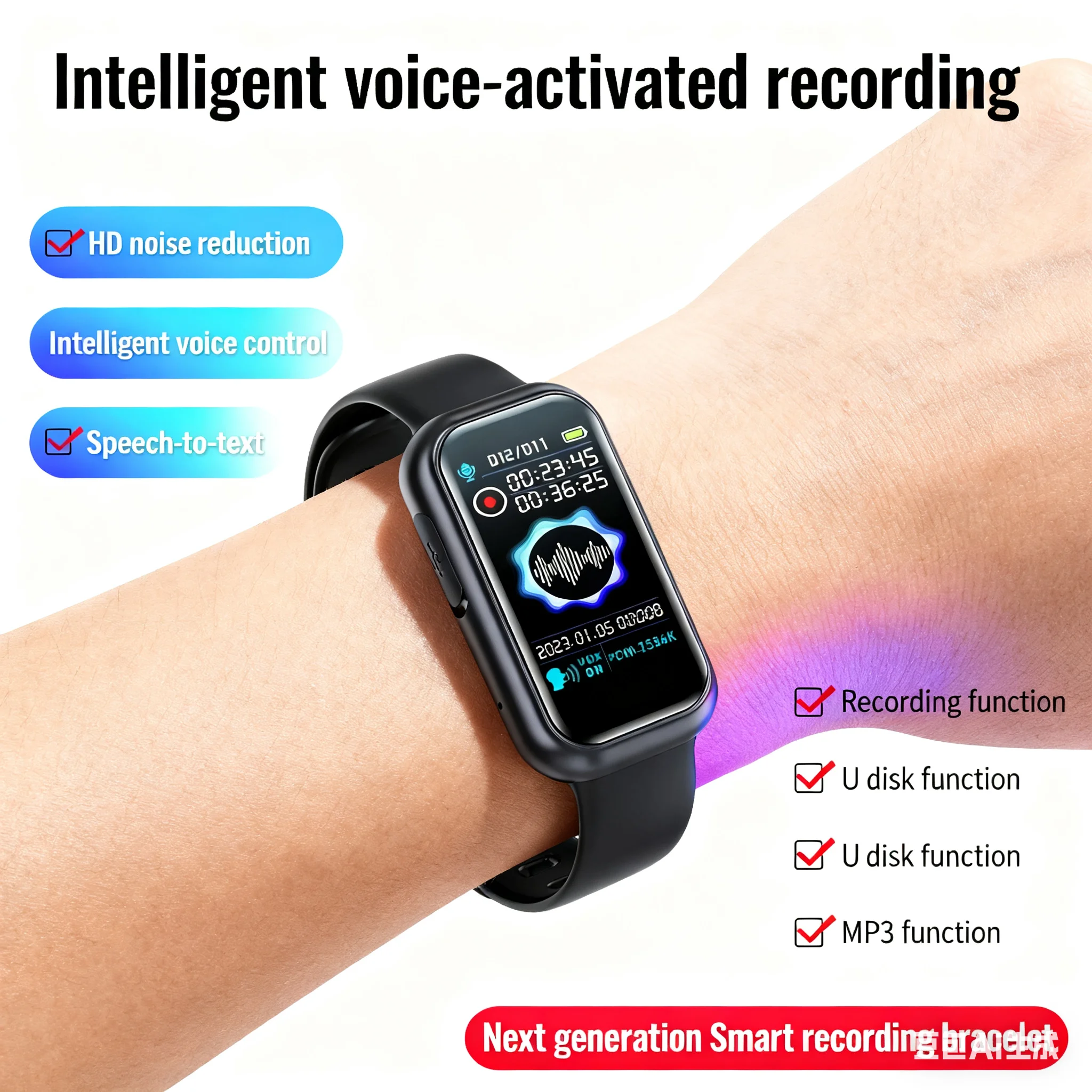 ساعة معصم مسجل صوت رقمي ذكي عالي الجودة احترافي لتقليل الضوضاء وتسجيل Timestamp تشغيل الموسيقى ومشغل Mp3