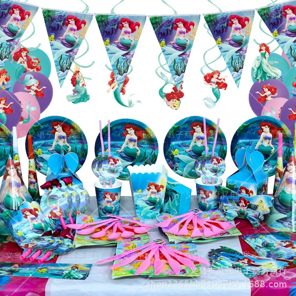 Disney The Little Mermaid Ariel Birthday Party Decorations Tableware Paper Cups Plats Napkins Balloons Baby Shower Supplies Kids