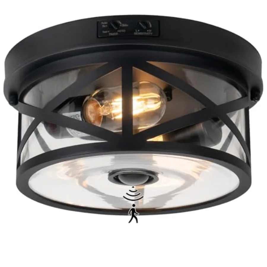 

Motion Sensor Outdoor Ceiling Light, Adjustable Black Flush Mount Light Fixture, 2-Light Porch Lights Outdoor, Clear Glass Indu