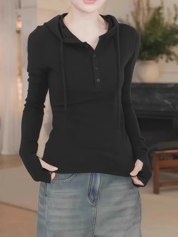 

Women's Fleece Lined Thick Long Sleeve Hoodie Base Shirt Spring Inner Wear plus Size Slimming Age Defying Top Korean Style