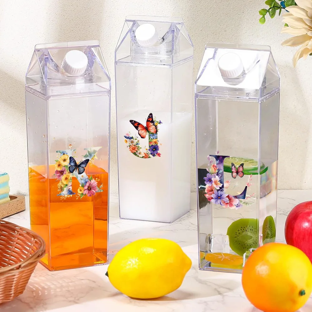 

1000ml Clear Milk Bottle Sealed Leak Proof Drinking Jug Durable Orange Juice Organizer Case Butterfly Letter Pattern