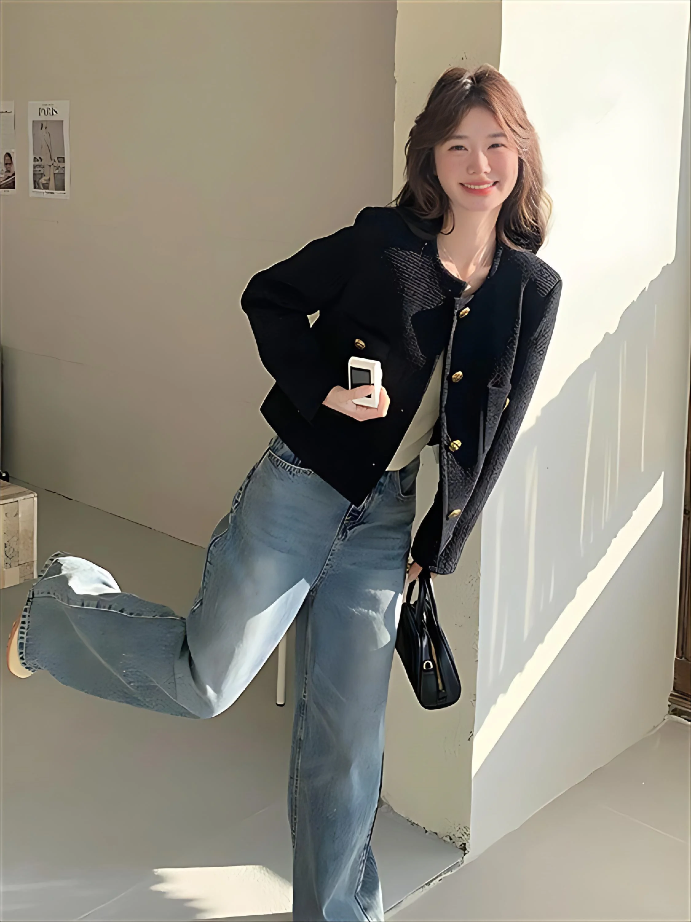 Tweed Jacket Dark Blue For Girl Womens Winter Stylish Fashionable Trending Seamless Puff Retro Bomber Racer Wicking Stereoscopic - view 4