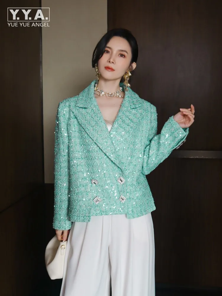 Elegant Women Spring Sequined Tweed Jacket Fashion Office Lady Doubil Breasted Short Coat Turn Down Collar Long Sleeve Outerwear