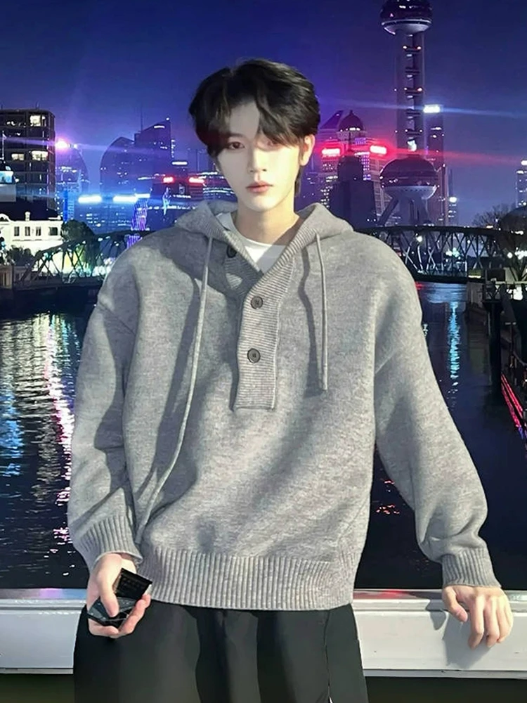 

Серый вязаный кардиган с капюшоном, мужская толстовка свободного кроя с V-образным вырезом, американский ретро-стиль, полуоткрытый кардиган, весенне-осенняя одежда