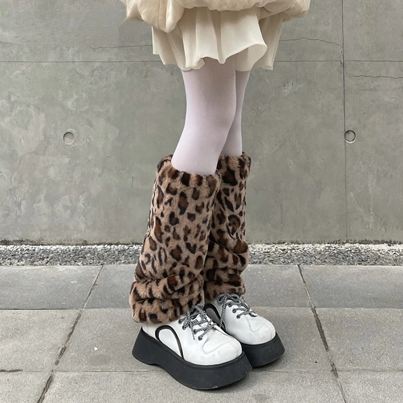 Plush leopard pattern Leg Warmers warm autumn and winter Plush thickening Millennium Y2K Harajuku leg Warmer woman Gothic