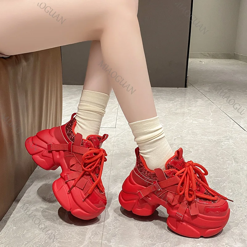 

High quality Women Platform shoes Autumn 8cm Chunky High Heels Bling Red Ladies Wedges Casual trend Shoes Leather women Sneakers