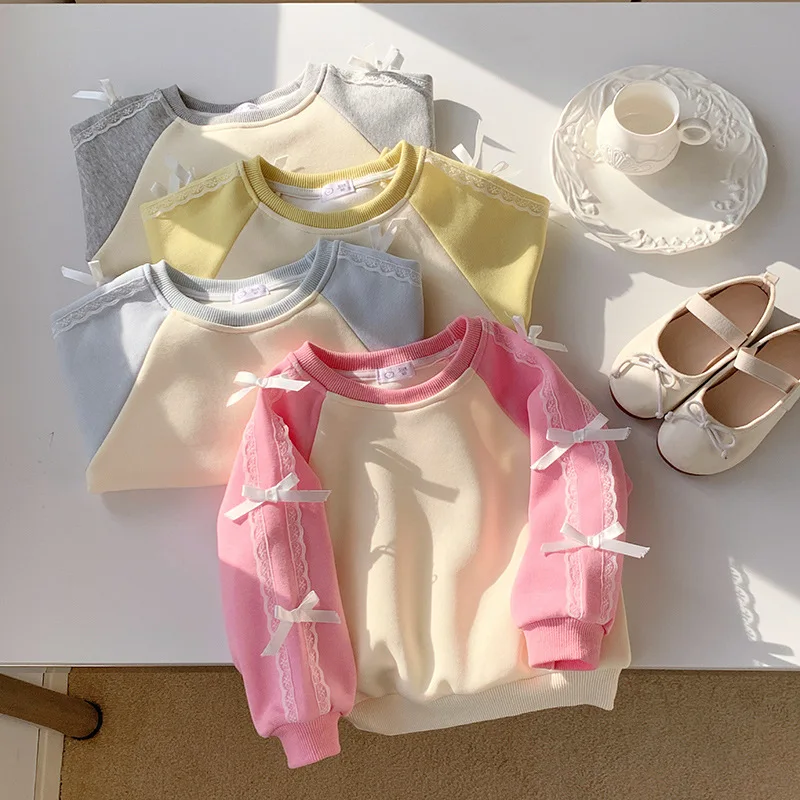 

Girl Autumn T-Shirt Bow Hoodie 2025 New Children Casual Western-style Campus Cute Beautiful Girls Clothing Long Sleeved Top