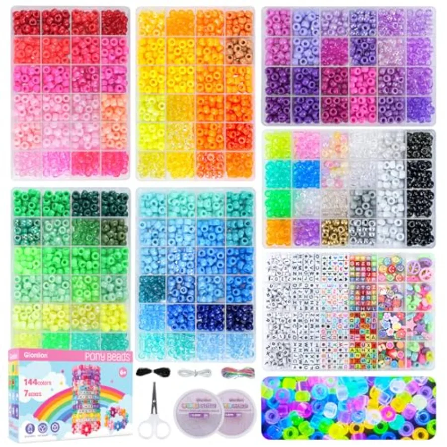 

7 Boxes Pony Beads Bracelet Making Kit, 144 Colors 6x9mm Kandi Rave Beads, Friendship Bracelet Kit with 800Pcs Letter Bead for