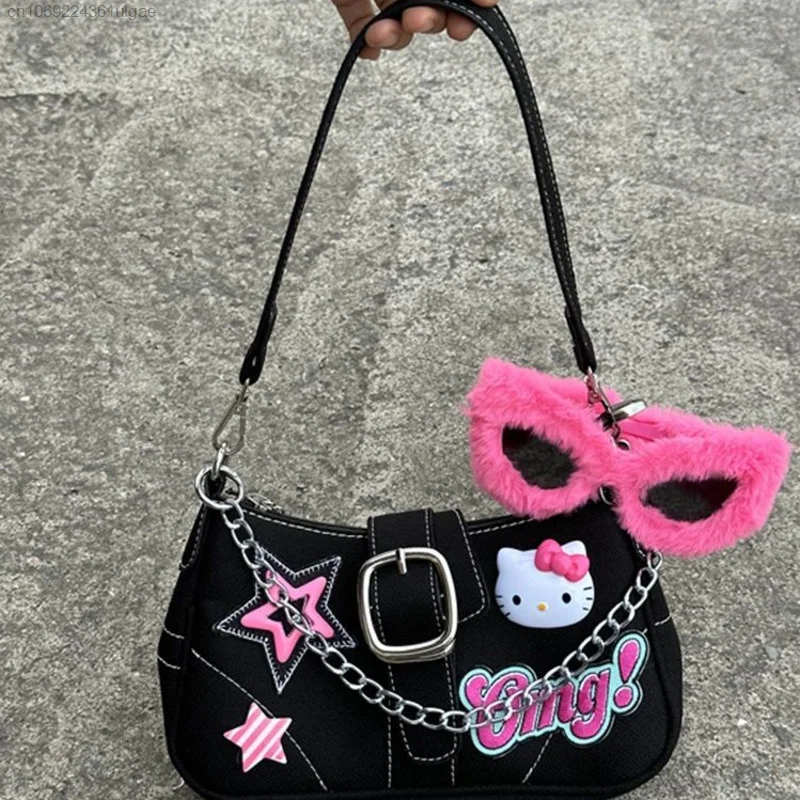 Sanrio Bags Y2k Spicy Girl Hello Kitty Star Underarm Bag Women Fashion Chain Black Luxury Handbags Trend Shoulder Bag For Female