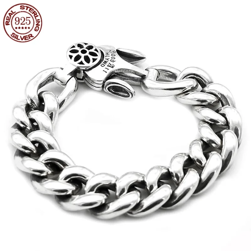 Biker punk trend master overbearing 925 silver bracelet men's jewelry wide face thick smooth retro simple fashion bracele