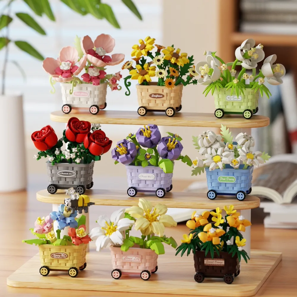 Preserved Flower Building Blocks Set DIY Assembly Rose Sunflower Model Potted Plant Desktop Ornament Home Table Decor Art Gift