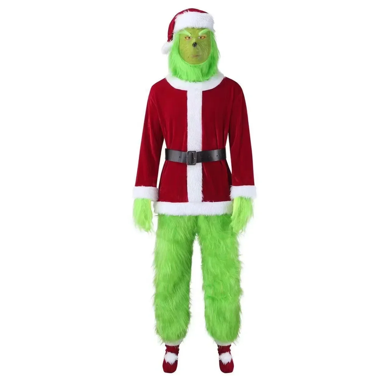 Santa Cosplay Costume Grinch Green Hairy Monster Party Dress Christmas Tops Pants Hat Gloves Shoes Cover Mask Family Outfit