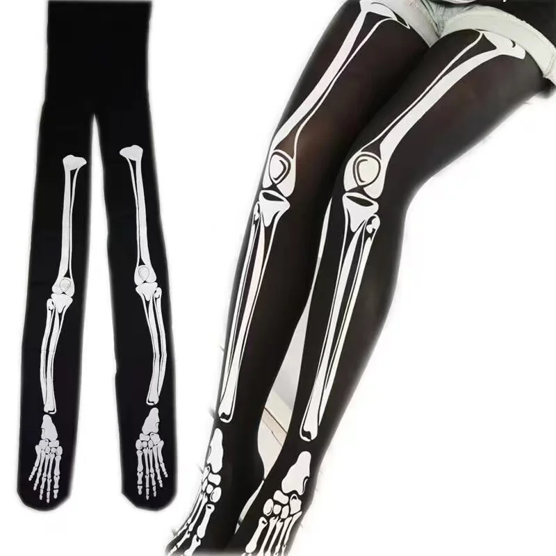 Fashion Tights Sexy Skeleton Legging Nightclub Bar Stockings Halloween Skull Bones Black Pantyhose for Women Young Girls