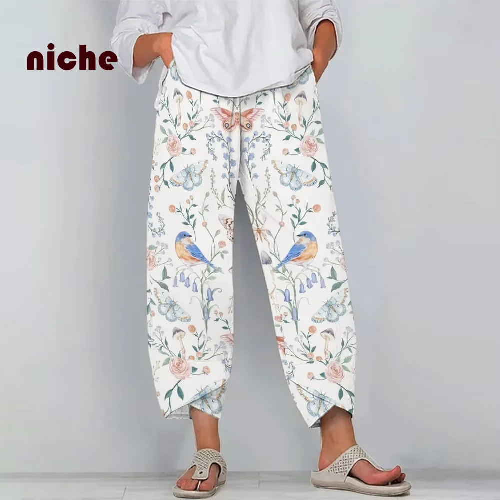 

Fresh Flower and Bird Print Beach Pants for Women, Loose, High Quality, Cotton Traf Fabric, Wide-Leg, Fashion Trend, New