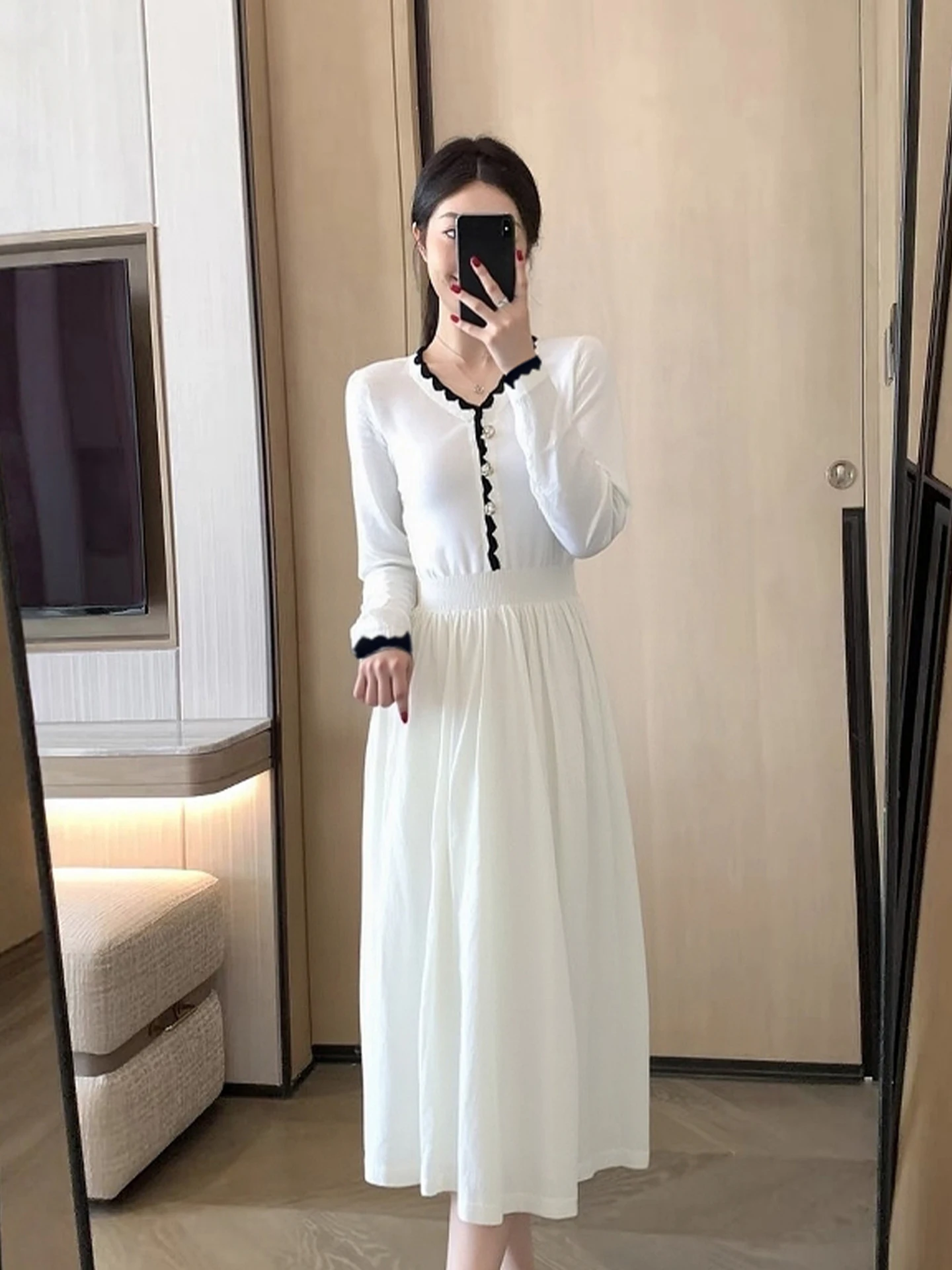 

Faionable Long Sve Knitwear Women's Waist-Cinching Design Little Bla Dr Sle Winter New Arrival Ele Commute