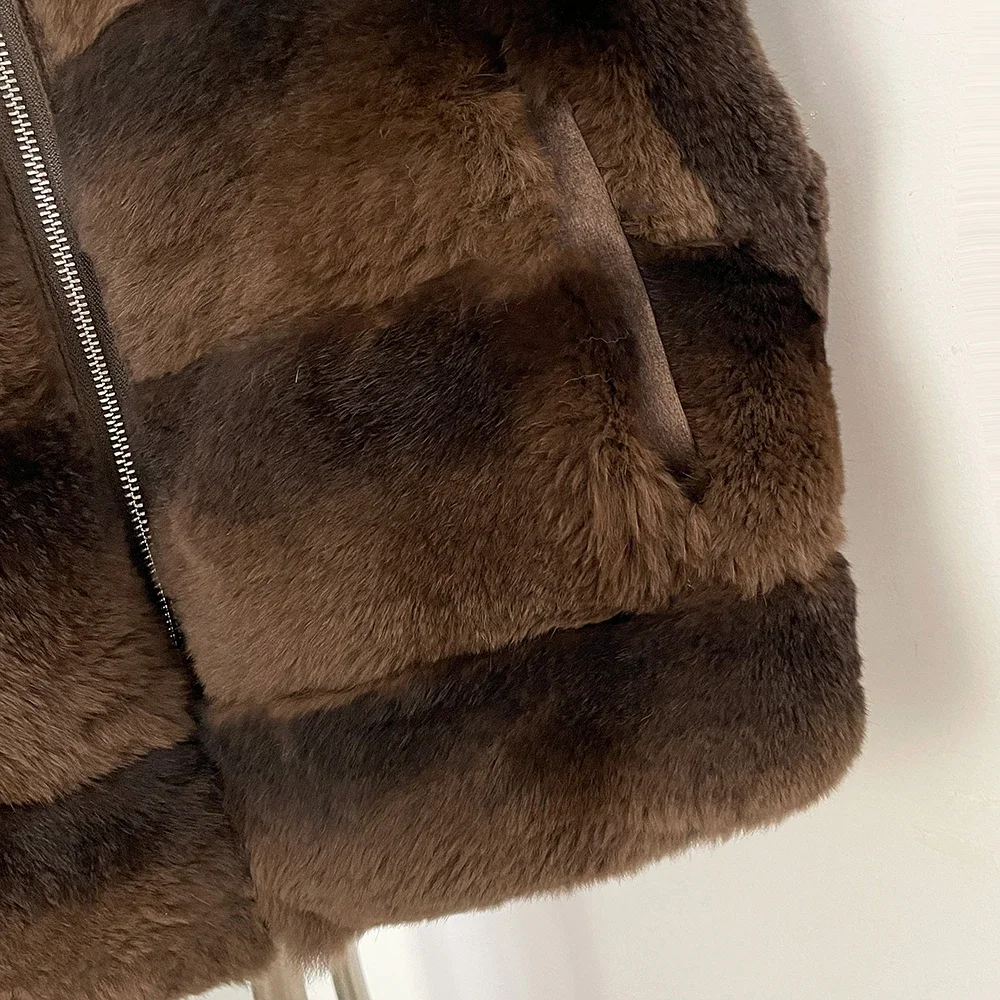 OFTBUY Neue Winter-Oberbekleidung für Damen, Wendbare Echt-Rex-Kaninchenfell-Weste mit Stehkragen, Reißverschluss und horizontalen Streifen, Pelzweste für Damen – Detail 5
