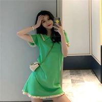Short-sleeved World-weary Dress 2025 New Summer Avocado Green Wood Ear Polo Lapel Waist to Make You Look Slim and Elegant