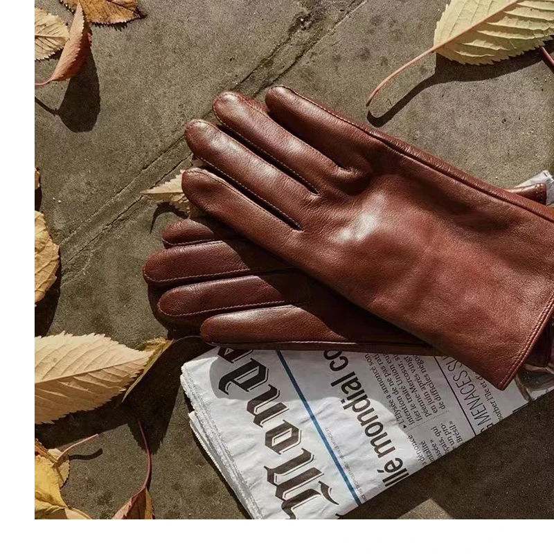 Men's gloves Sheep Skin Women's Gloves Short Leather Gloves Brown Velvet Warm Autumn Winter Driving Gloves Custom Armguard Wrist