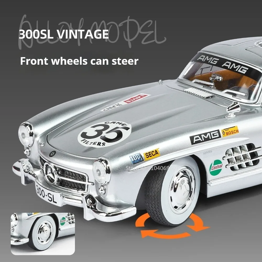 1:18 300sl modelo de brinquedo em miniatura carros vintage liga diecast som luz portas abertas absorção choque para crianças presentes natal