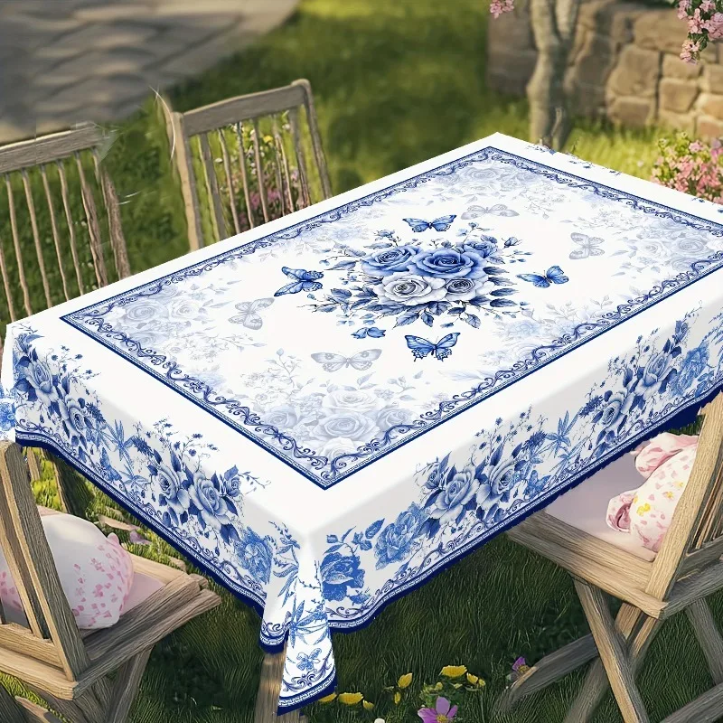 1pc Blue And White Porcelain Rose Butterfly Tablecloth Waterproof Rectangular Table Cover Vintage Floral Dining Decor