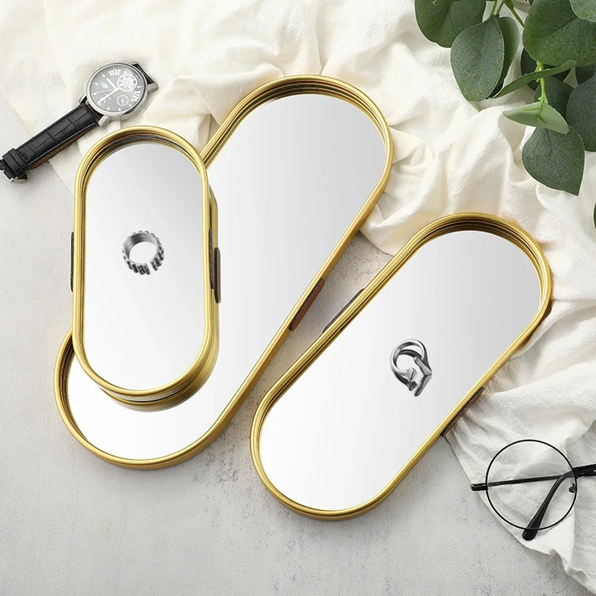 Metal Storage Tray Perfume Cosmetic Jewelry Display Plate Gold Series Blackish Green Mirror Tray Metal Decorative Oval Dessert