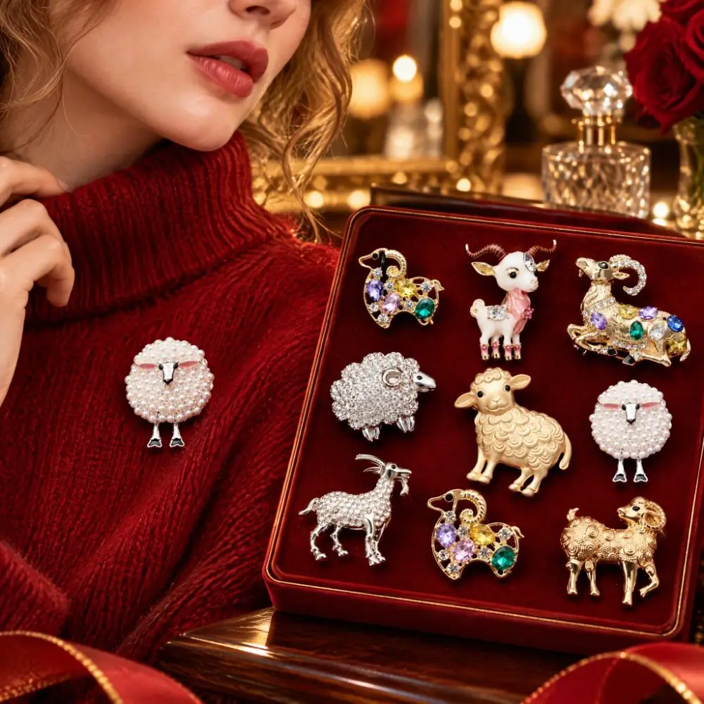 Cute Enamel Sheep Brooch Zodiac Sheep Alloy Rhinestone Lapel Pin Year Of The Sheep Animal Goat Metal Badge New Year's Party