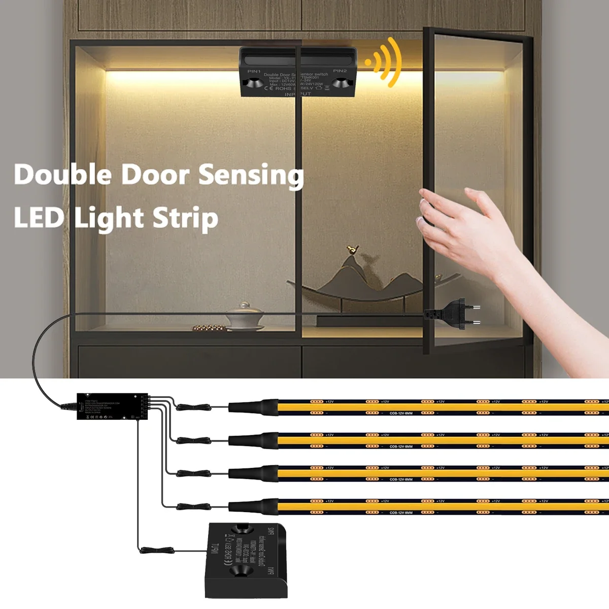 12V Black PCB COB Light Strip with Dual Door Sensor Switch Can Be Cut, For Multi-layer Wine Case, Wardrobes, Door Open Light-ON