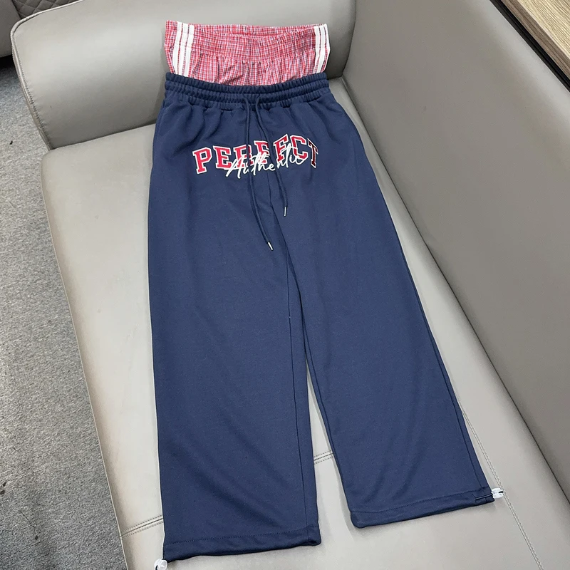 

Fake Two Pieces Plaid Double Waisted Embroidery Letter Casual Blue Tapered Pants Men Women Loose Straight Wide Leg Trousers GYM