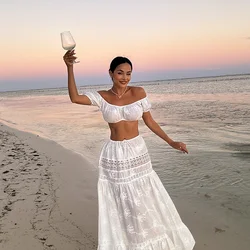 Lace Up Crop Top Skirt Sets For Women Off Shoulder Backless Vestidos Hollow Out Long Skirt 2025 Spring Summer Top Skirt Outfits